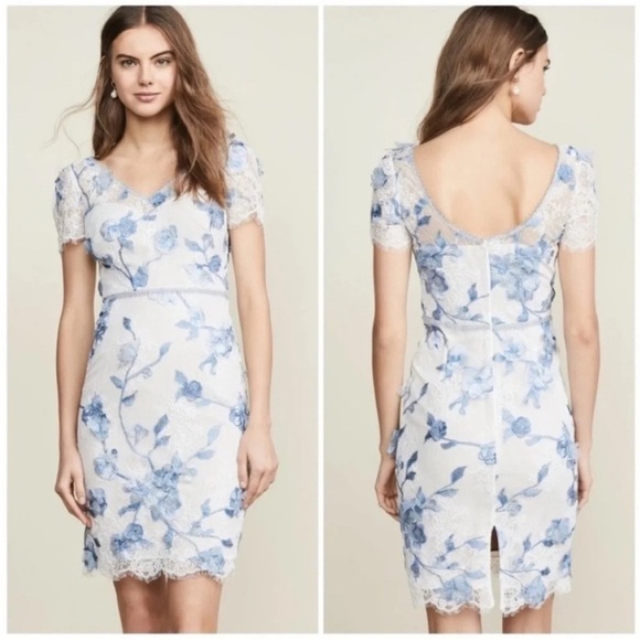 Marchesa Notte Floral Cap Sleeve Corded Lace Cocktail Dress White Blue NWT - Picture 1 of 11